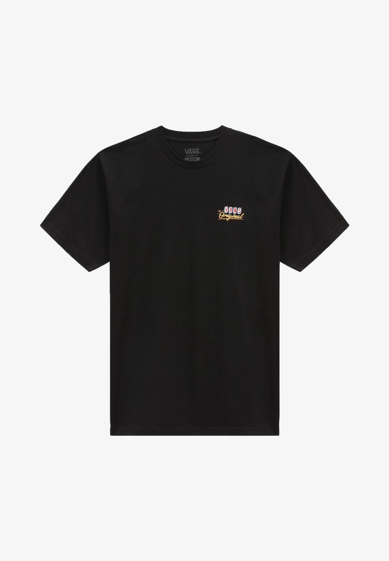 Camiseta negra de algodón, con mangas cortas y cuello redondo. Pequeño logo multicolor "VANS Original" en el frontal.