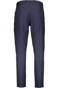 Tamno plave hlače izrađene od tkanine, s ravnim nogavicama, dva stražnja džepa na dugmad i teksturiranim završetkom.