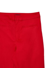 Red cotton pants with a smooth texture, featuring a standard waistband, two back pockets, and a straight-leg design.