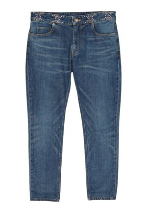 Blå denimjeans med frontlommer og en perlebesat talje, med knap- og lynlåslukning.