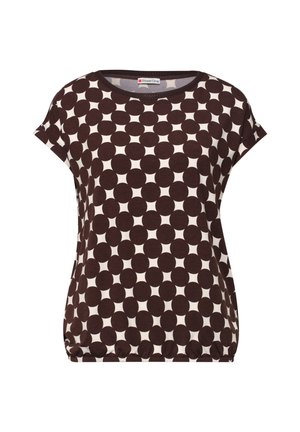 Kurzärmeliges Hemd mit schwarzem Kreismuster auf weißem Hintergrund und elastischem Saum, Rundhalsausschnitt, legerer Stil.