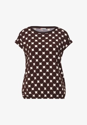 Kurzärmeliges Hemd mit schwarzem Kreismuster auf weißem Hintergrund und elastischem Saum, Rundhalsausschnitt, legerer Stil.