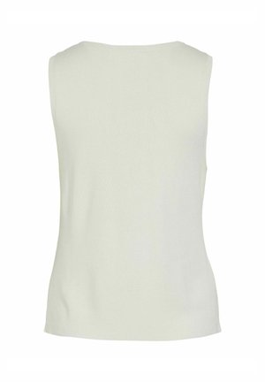 Top sin mangas de color beige claro, hecho de tela acanalada. Presenta un escote redondeado y una silueta ajustada. Sin costuras ni patrones visibles.