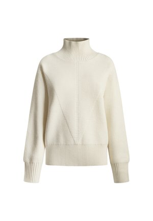 Cremfarbener, gerippter Rollkragenspullover mit einem dreieckigen Design auf der Vorderseite, langen Ärmeln und einem taillierten Saum. Weiche Textur, lässiges Design.