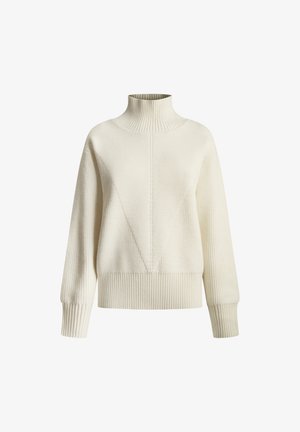Romantische ribbelige crème coltrui met een driehoekig ontwerp aan de voorkant, lange mouwen en een aansluitende onderkant. Zachte textuur, casual ontwerp.