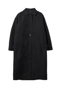 Schwarzer langer Mantel aus gewebtem Stoff, mit einem Kragen, Druckknöpfen, zwei Seitentaschen und einer legeren Passform.