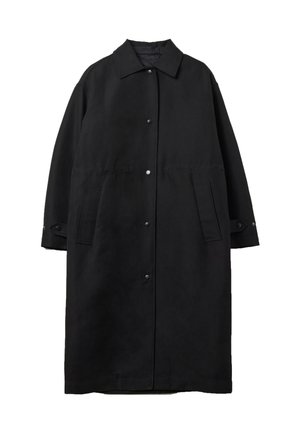 Zwarte lange jas van geweven stof, met een kraag, drukknoopsluiting, twee zijzakken en een comfortabele pasvorm.