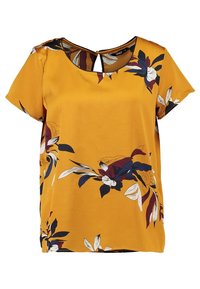 Hořčicově žlutá blůza s krátkými rukávy, květinový vzor v tmavě modré a bílé barvě, kulatý výstřih s detailem ve tvaru klíčové dírky na zadní straně. Hladký materiál.