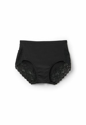 Schwarze hochgeschnittene Unterwäsche mit Spitze an den Seiten, die mit floralen Mustern und gewellten Kanten verziert ist, aus glattem Stoff gefertigt.
