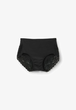 Bragas negras de cintura alta con paneles de encaje a los lados, que presentan patrones florales y bordes en pico, hechas de un tejido suave.