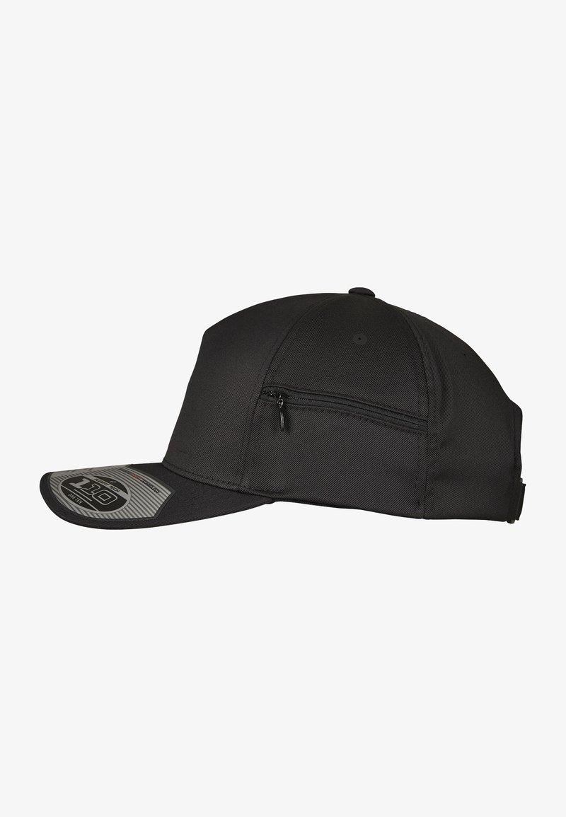 Black cap made of textured fabric featuring a curved brim, side zipper pocket, and a rectangular logo patch on the front.