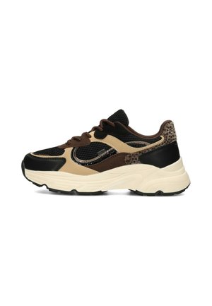 Massive Sneaker in Schwarz, Beige und Braun mit Mesh, Wildleder- und Lederakzenten, Animal-Print an der Ferse und dicker weißer Sohle.