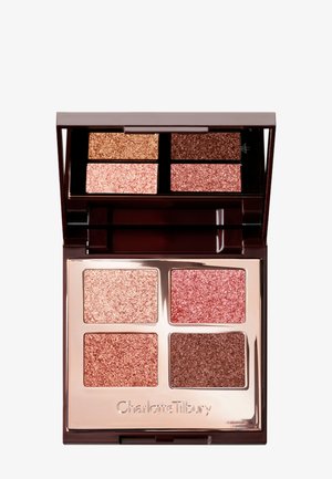 Kompakte Lidschatten-Palette in quadratischer Form mit vier glitzernden Farben: warmes Gold, Rosenpink, tiefes Rosa und Braun. Mit einem Spiegel im Inneren.