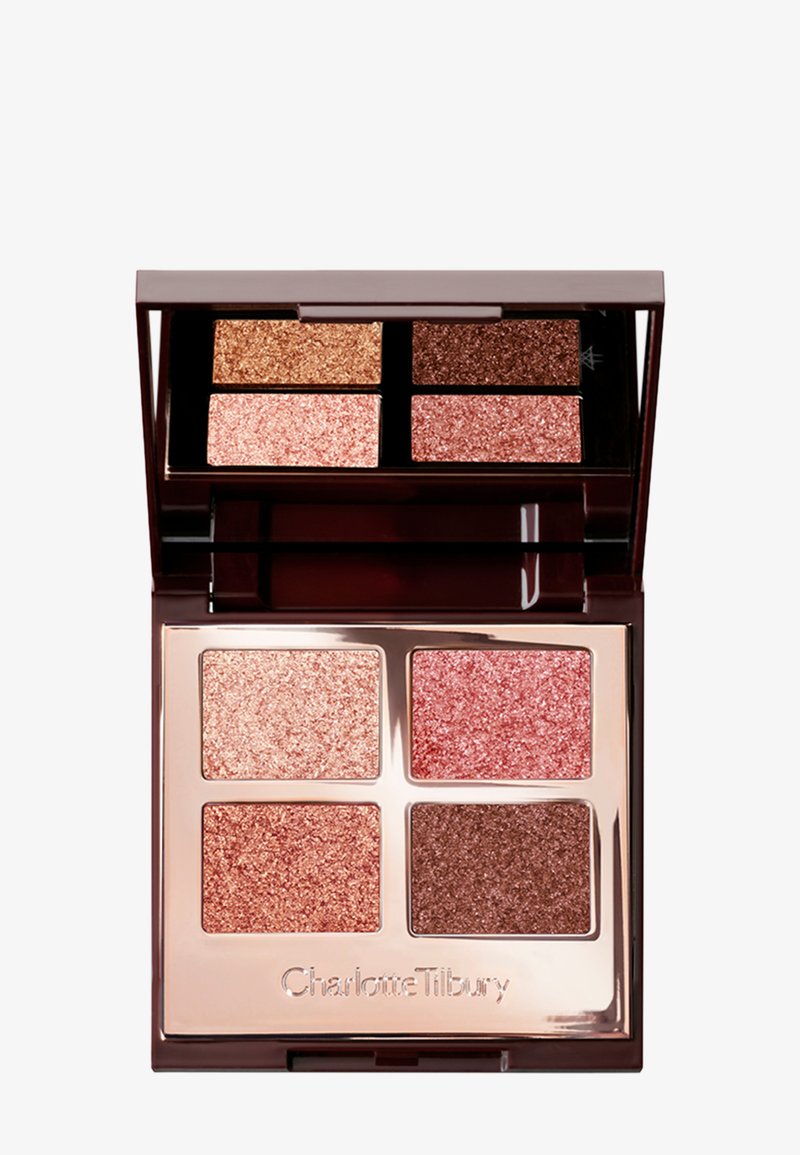 Kompakte Lidschatten-Palette in quadratischer Form mit vier glitzernden Farben: warmes Gold, Rosenpink, tiefes Rosa und Braun. Mit einem Spiegel im Inneren.