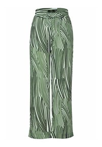 Grön och vit mönstrad kjol med hög midja, med abstrakta bladdesigner och en rak silhuett, tillverkad av lätt tyg.