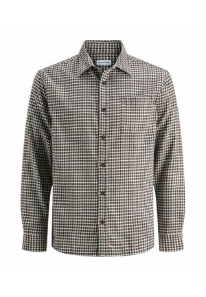 Brun- og hvit rutete skjorte med lange ermer, knappelukking, krage og brystlomme, vist på hvit bakgrunn.