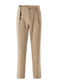 Beige Leinenhose mit flachem Bund, Falten, Knopfverschluss und Seitentaschen, mit einem dekorativen Quasten am Reißverschluss.