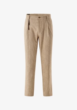 Beige Leinenhose mit flachem Bund, Falten, Knopfverschluss und Seitentaschen, mit einem dekorativen Quasten am Reißverschluss.
