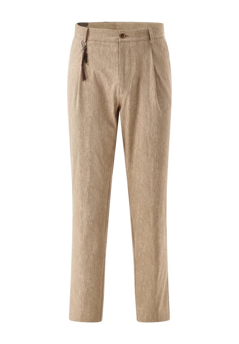Beige Leinenhose mit flachem Bund, Falten, Knopfverschluss und Seitentaschen, mit einem dekorativen Quasten am Reißverschluss.