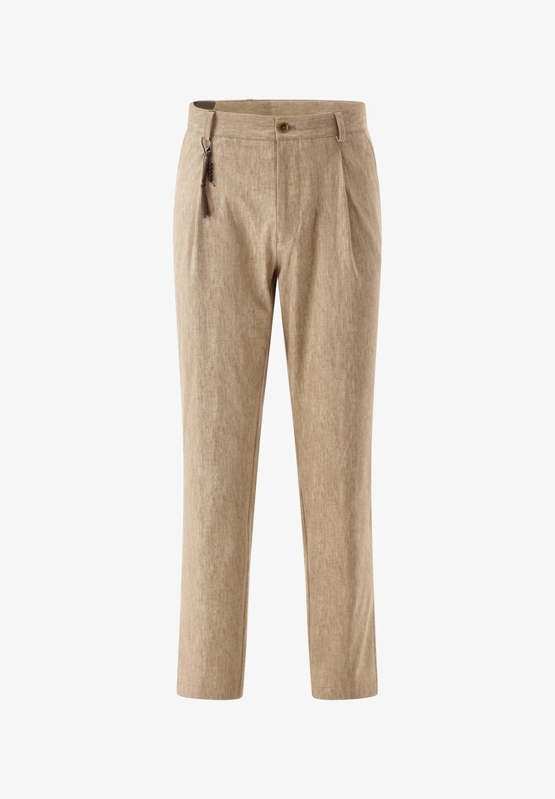 Beige linen trousers featuring a flat front, pleats, a button closure, and side pockets, with a decorative tassel on the zipper.