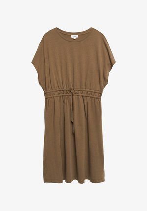 Robe marron à manches courtes avec encolure ronde et taille ajustable par cordon, fabriquée dans un tissu doux et léger.