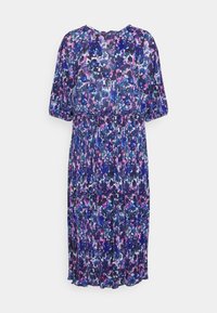 Blommig midiklänning med plisserat tyg, puffärmar, elastisk midja, i nyanser av blått, lila, rosa och vitt på en vit bakgrund.