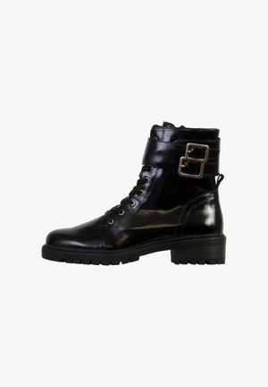 Black leather ankle boot with a round toe, lace-up front, and a buckle strap around the ankle. Features a chunky heel and textured sole.