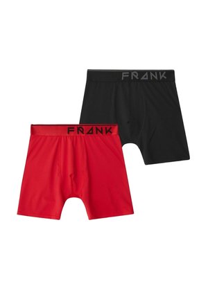 Två par herrboxershorts, ett rött och ett svart, båda med en märkt midjeresår med texten FRANK.
