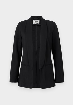 Blazer noir pour femme avec col châle, manches longues et deux poches fendues à l'avant, présenté sur un fond clair uni.