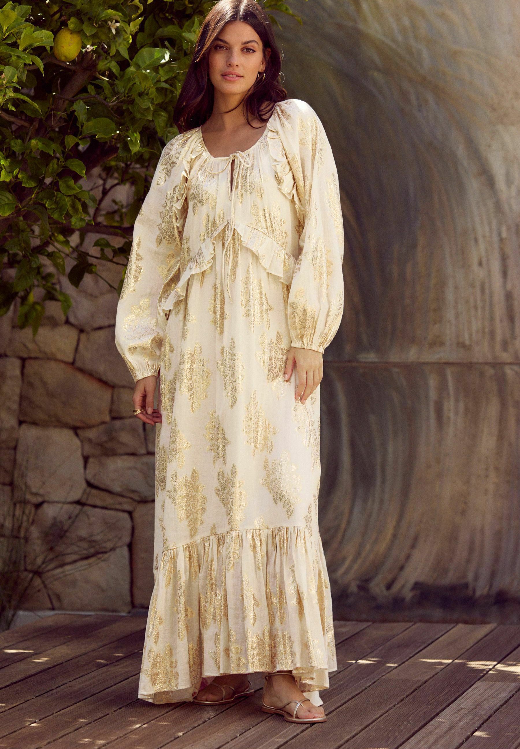 Next REGULAR FIT - LONG SLEEVE RUFFLE TIE FRONT - Maxi dress - gold/beige -  Zalando