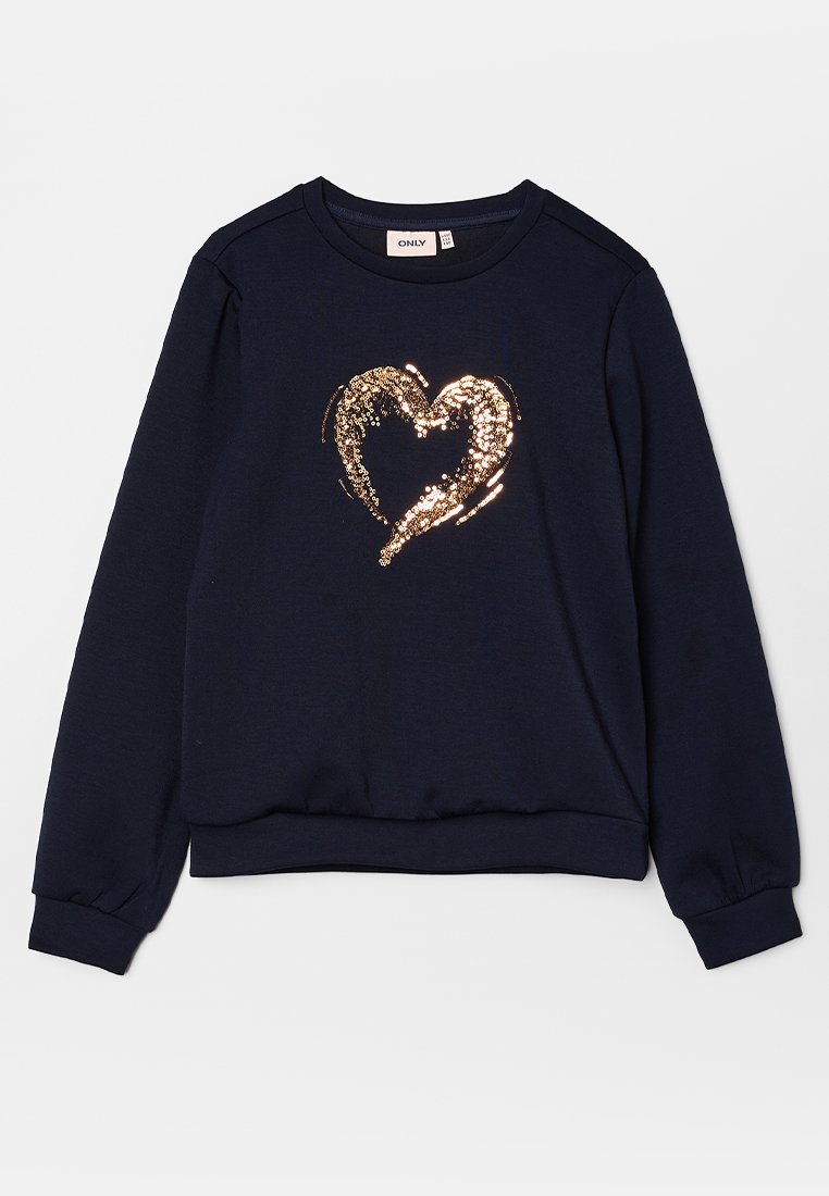 Marineblauwe sweatshirts met lange mouwen, geribde manchetten en zoom. Voorzien van een gouden pailletten hartontwerp op de voorkant. Zachte materiaaldictie.