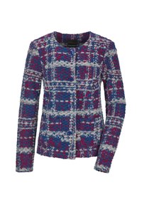 Gewebte Jacke in Blau, Rot und Weiß mit einem strukturierten Karomuster. Verfügt über lange Ärmel und blaue Knöpfe, entworfen in einer taillierten Form.