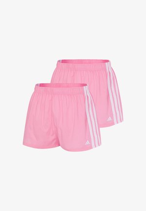 Dos pares de pantalones cortos deportivos rosas con cinturas elásticas y rayas blancas a los lados, con un pequeño logo de Adidas en la pierna.