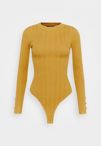 Hořčicově žluté žebrované body s dlouhými rukávy, kulatým výstřihem a zapínáním na patentky v dolní části. Má knoflíkové detaily na manžetách.