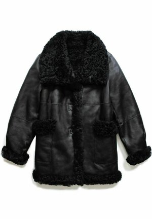 Manteau en cuir noir avec un col et des poignets en fourrure noire, doté de deux poches avant et de fermetures à bouton. Surface lisse, texture chaude.