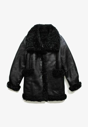 Manteau en cuir noir avec un col et des poignets en fourrure noire, doté de deux poches avant et de fermetures à bouton. Surface lisse, texture chaude.