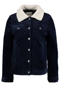 Marinblå kordjacka med vit syntetisk fåretskrämskrage, framfickor och knappar i silverfärg, med en strukturerad och normal passform.