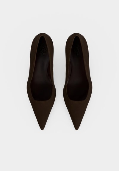 Paire de chaussures plates à bout pointu marron foncé vues de dessus sur un fond blanc uni.