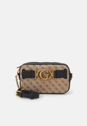 Beige en bruin patroon rechthoekige crossbodytas met zwarte bies, verstelbare riem en centrale gouden "G" logo gesp.