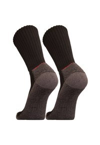Black ribbed socks with grey reinforced heel and toe, featuring a red accent at the cuff. High-stretch fabric for comfort and durability.