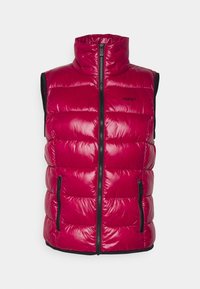 Gevoerde mouwloze vest in felroze, met een hoge kraag, een ritssluiting aan de voorkant, zwarte accenten en zijzakken.