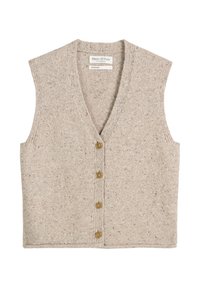 Beige gestrickte Weste mit V-Ausschnitt, ärmellosem Design und fünf braunen Knöpfen. Verfügt über ein strukturiertes Muster mit dezenten Sprenkeln überall.