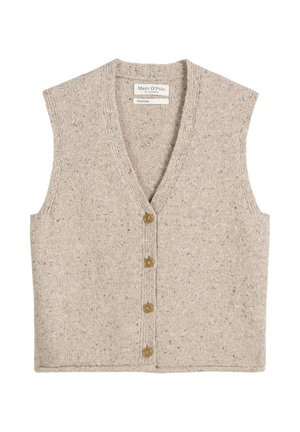 Beige knitted vest with a V-neck, sleeveless design, and five brown buttons. Features a textured pattern with subtle flecks throughout.