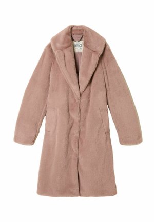 Faux-Fur-Mantel in zartem Rosa mit Reverskragen, langen Ärmeln und seitlichen Taschen. Glatte Textur mit minimal sichtbaren Nähten.