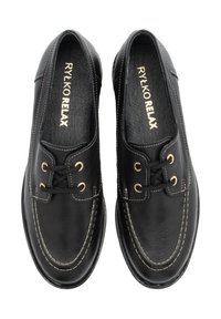 Scarpe in pelle nere con punta arrotondata, dotate di passanti in tono oro e lacci neri. La cucitura a contrasto lungo i bordi aggiunge un tocco di dettaglio.