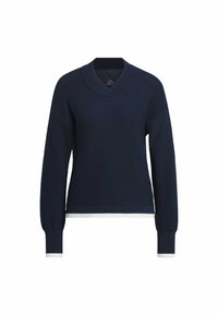 Marineblauer Strickpullover mit V-Ausschnitt, langen Ärmeln und gerippten Bündchen. Verfügt über einen kontrastierenden weißen Saum am unteren Rand und an den Bündchen.