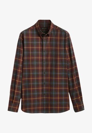 Chemise homme à manches longues boutonnée, à carreaux marron avec fines rayures jaunes et bleues, col classique et boutons devant.