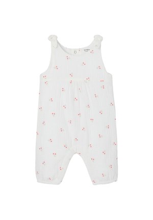 White sleeveless baby romper with shoulder knots, small pink cherry print, and elasticized ankle cuffs.