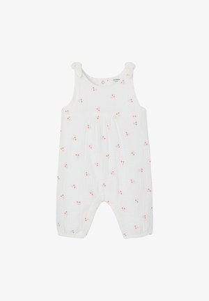 Weißer ärmelloser Baby-Overall mit Schulterknoten, kleinem rosa Kirschmuster und elastischen Beinabschlüssen.