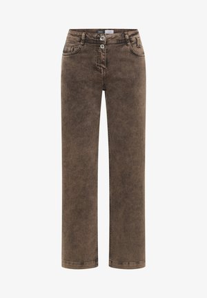 Braune Denim-Jeans mit geradem Bein, zwei Vordertaschen, Knopf- und Reißverschluss sowie einer dezenten strukturierten Oberfläche.